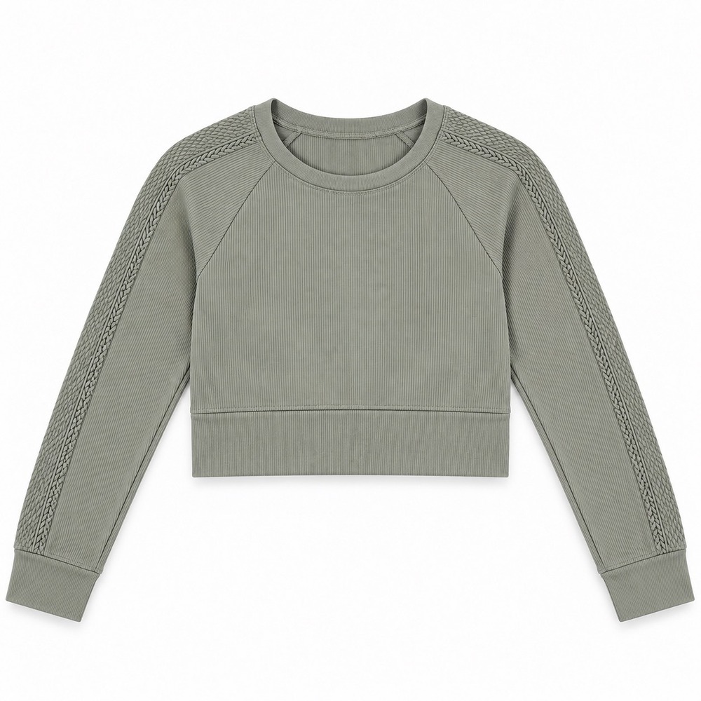 OFFLINE by Aerie Ribbed Braided Sleeve Crop Top Sage Green Gray Medium